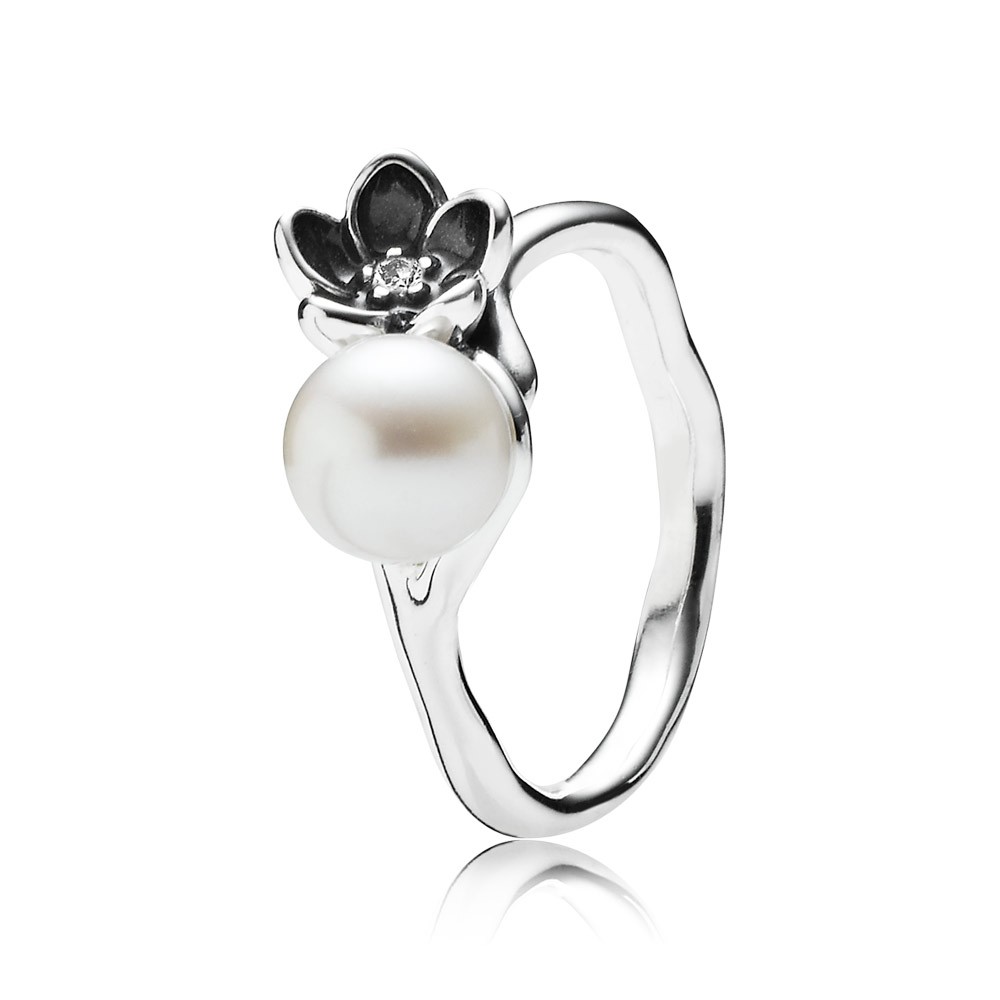 Pandora Mystic Floral White Pearl Clear Cz & Black Enamel