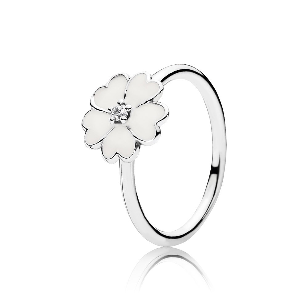 Pandora Primrose Silver Ring With Cubic Zirconia And White Enamel