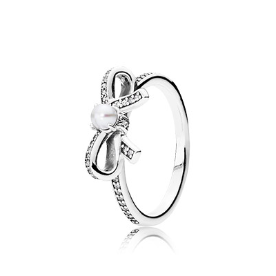 Pandora Bow silver ring with pearl and clear cubic zirconia