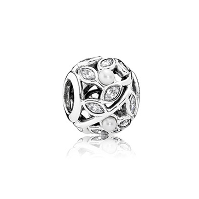 Pandora Openwork leaves silver charm with pearl and clear cubic zirconia