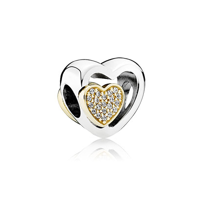 Pandora Heart silver charm with 14k hearts and clear cubic zirconia