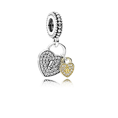 Pandora Heart padlock silver dangle with 14k and clear cubic zirconia