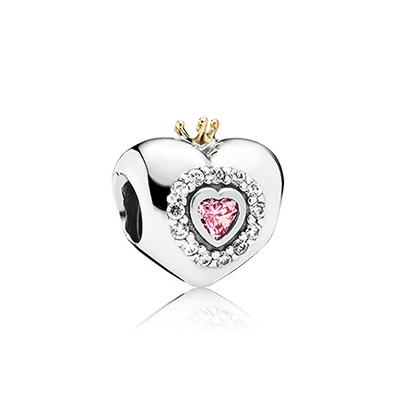 Pandora Heart silver charm with 14k crown pink and clear cubic zirconia