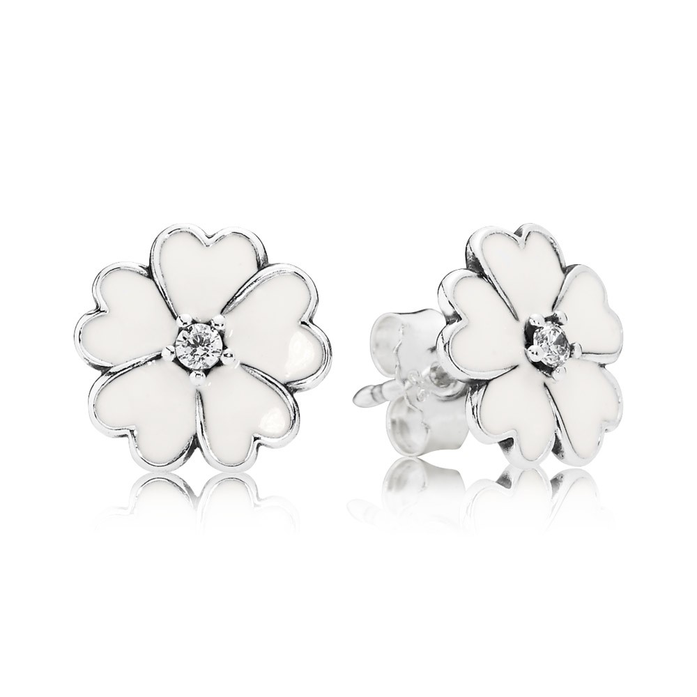 Pandora Primrose Silver Stud Earrings With Cubic Zirconia And White Enam
