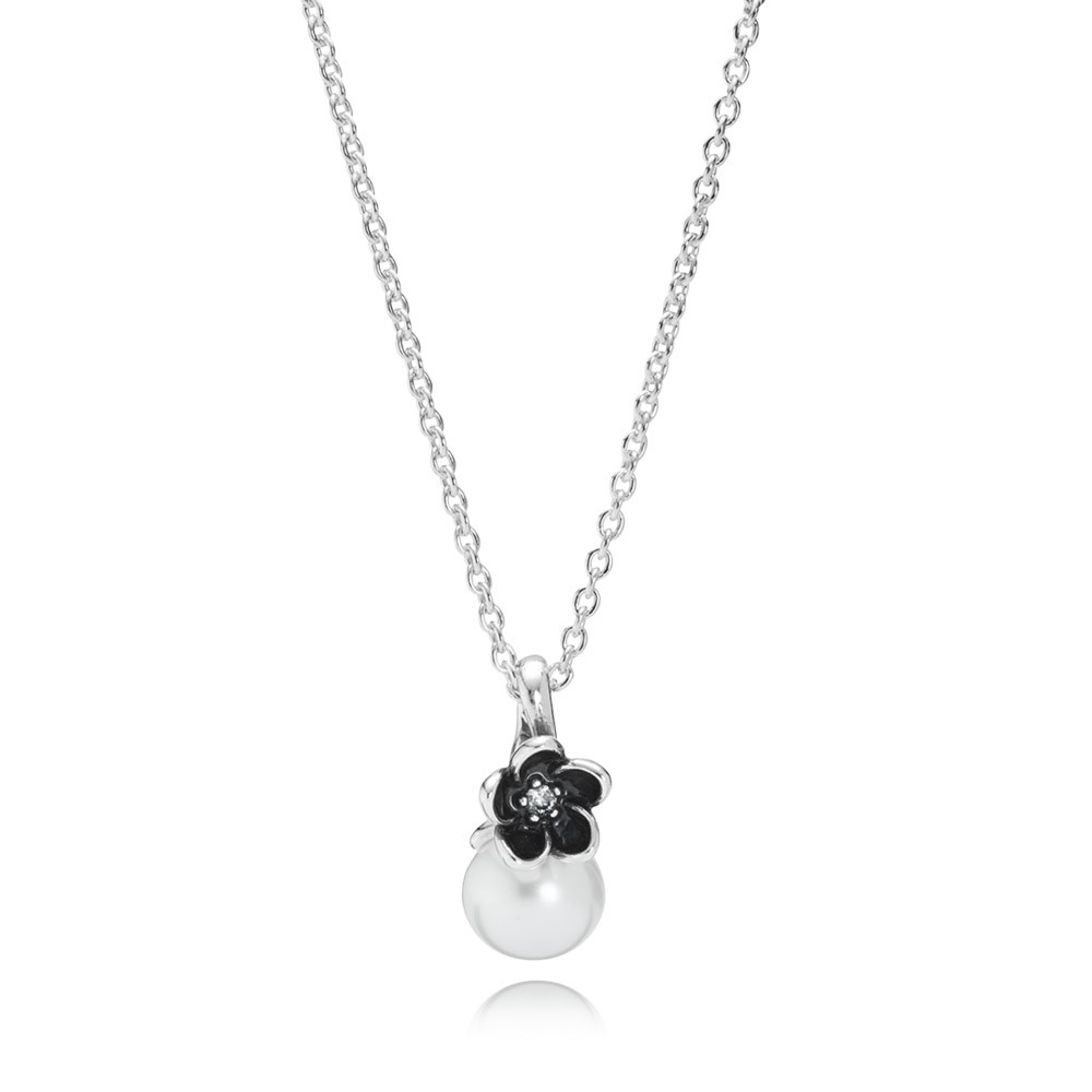 Pandora Floral Silver Pendant With White Freshwater Cultured Pearl Cubi