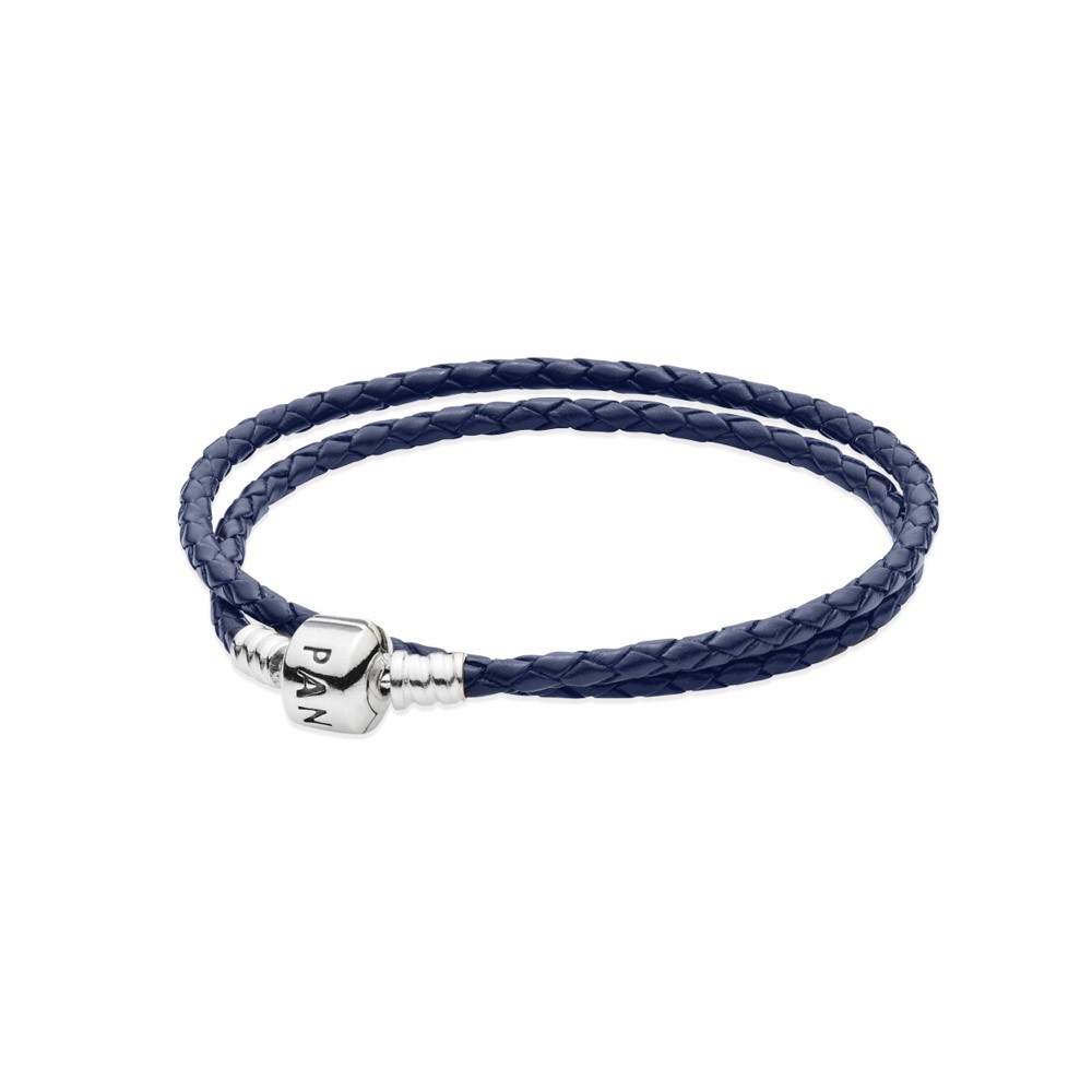 Pandora Silver leather bracelet double dark blue