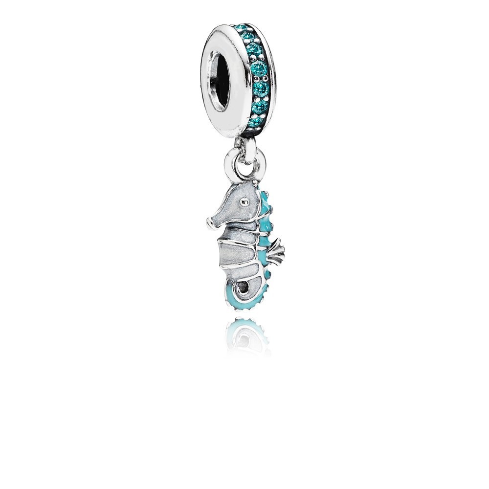 Pandora Seahorse Silver Dangle With Teal Cubic Zirconia Silver And Turq