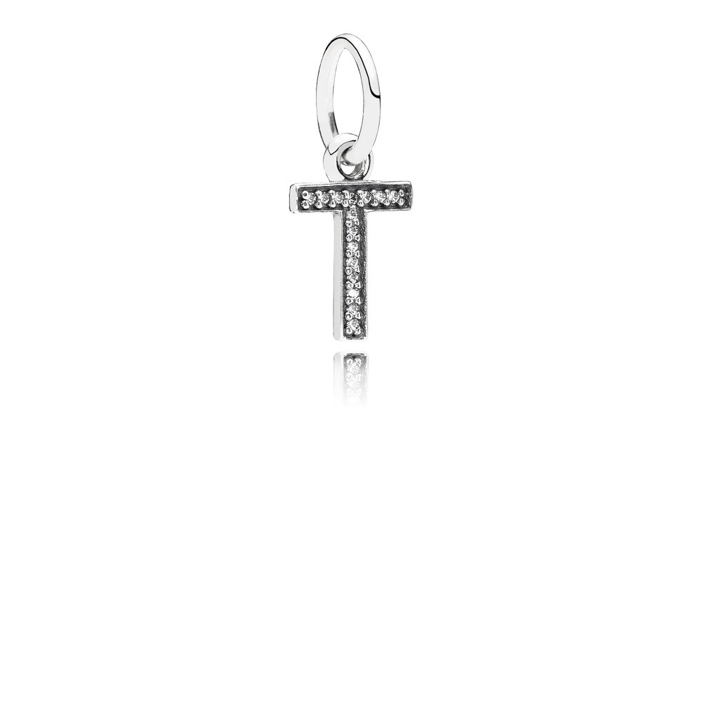 Pandora Letter T Silver Dangle With Cubic Zirconia