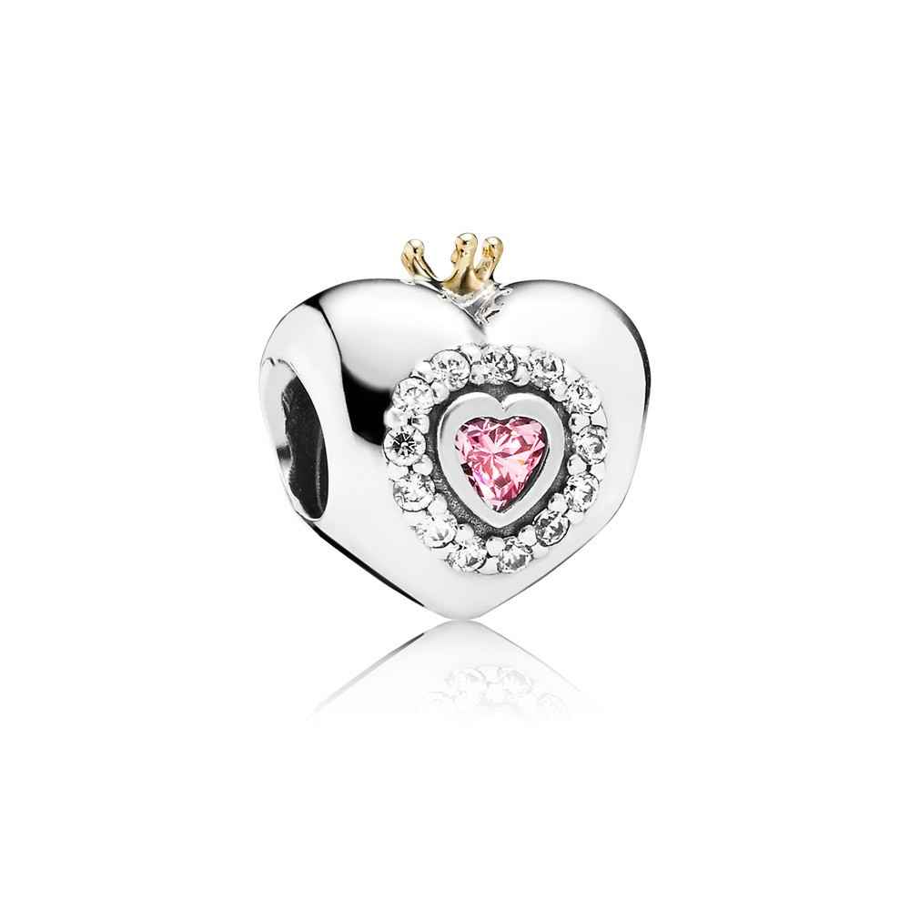 Pandora Heart Silver Charm With 14K Crown Pink And Clear Cubic Zirconia