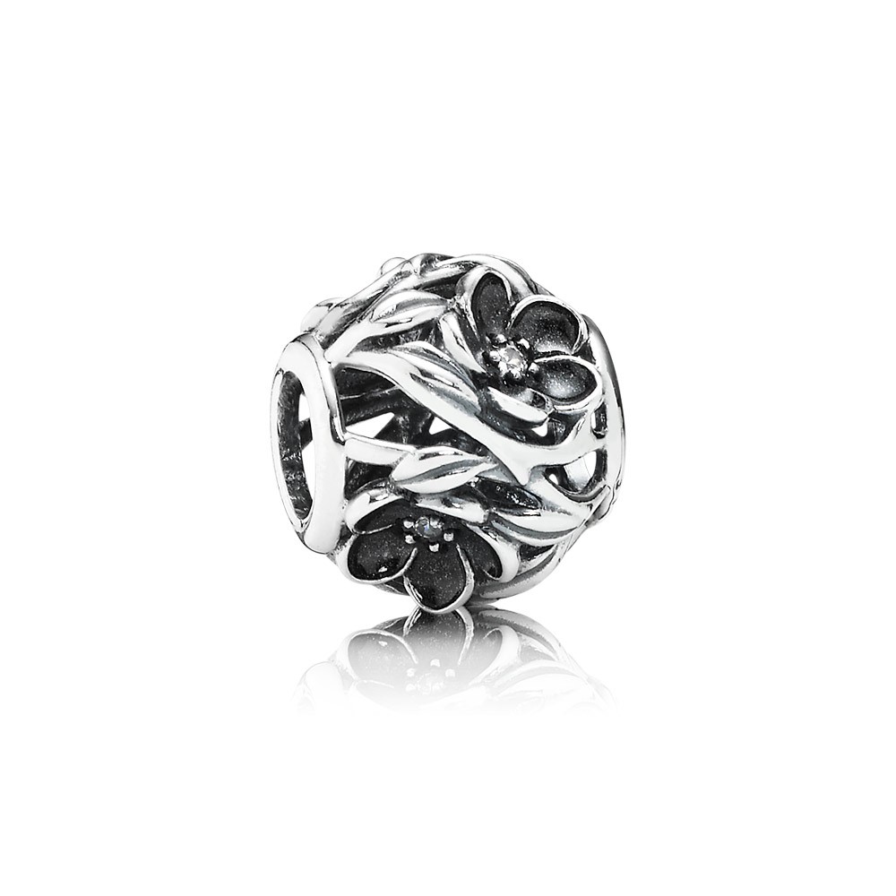 Pandora Openwork Floral Silver Charm With Cubic Zirconia And Black Ename