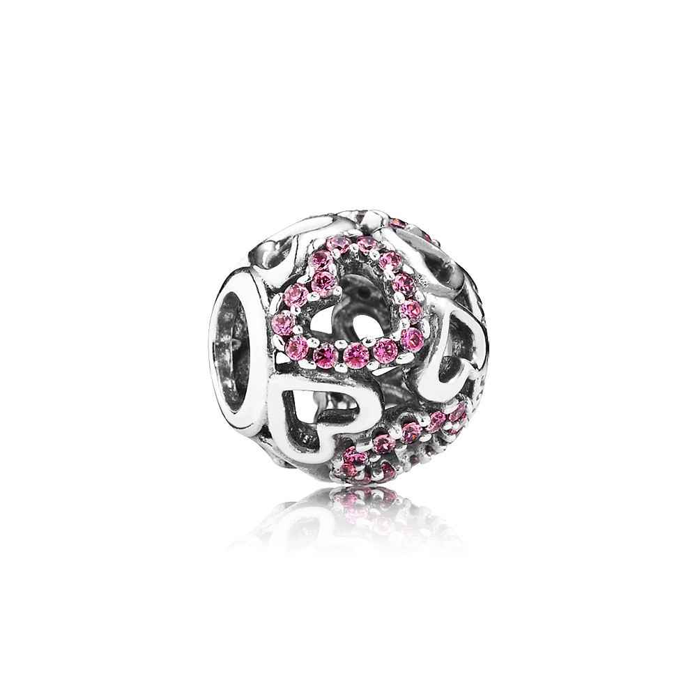 Pandora Openwork Hearts Silver Charm With Fancy Pink Cubic Zirconia