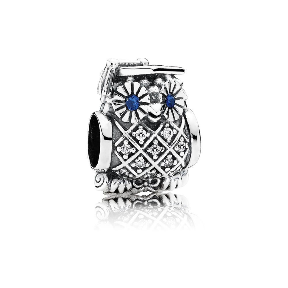Pandora Owl Silver Charm With Swiss Blue Crystal And Cubic Zirconia