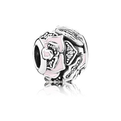 Pandora Delicate Rose with Clear CZ and Pink Enamel Charm