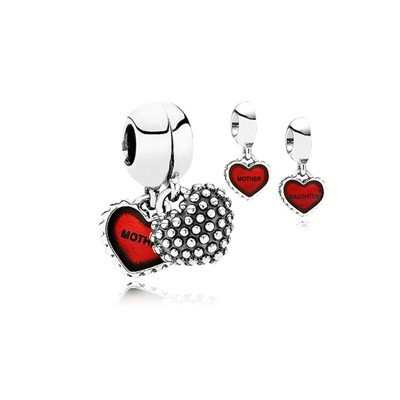 Pandora Gems and Silver Blood-Red Hearts Dangle Thread Charm