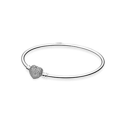 Pandora Silver bangle with heart-shaped clasp and cubic zirconia