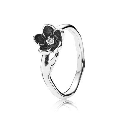 Pandora Mystic Floral with Clear CZ and Black Enamel Ring