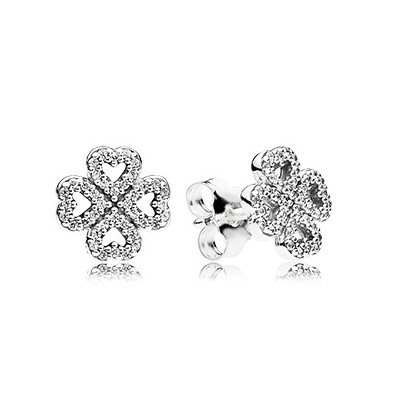 Pandora Heart clover silver stud earrings with clear cubic zirconia