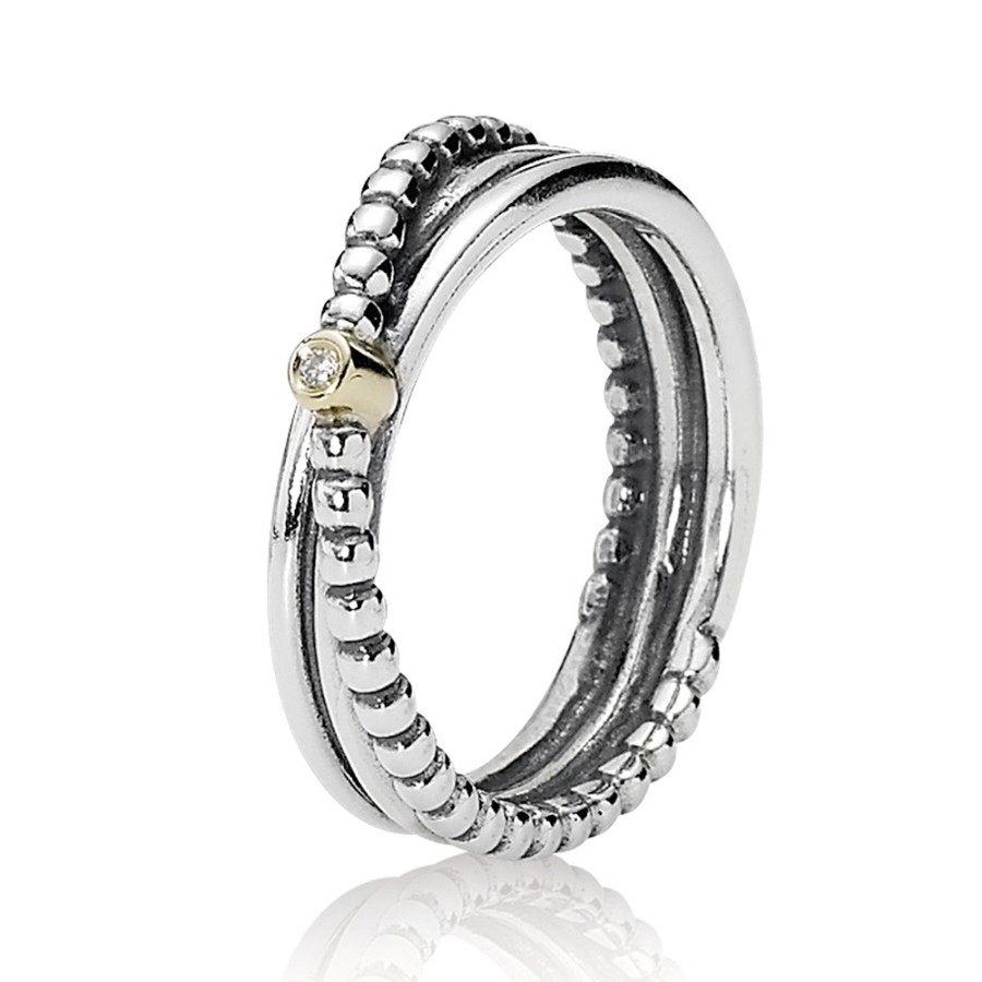 Pandora Silver and 14ct Gold Diamond Plain and Beaded Ring