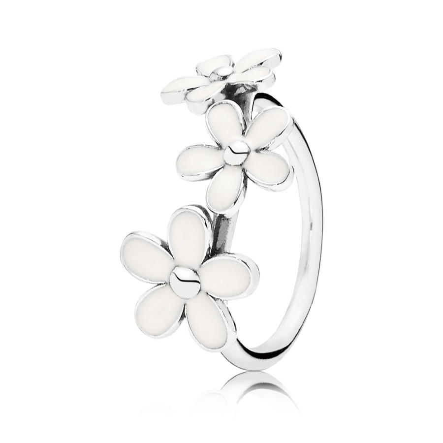 Pandora Silver White Enamel Three Flower Ring